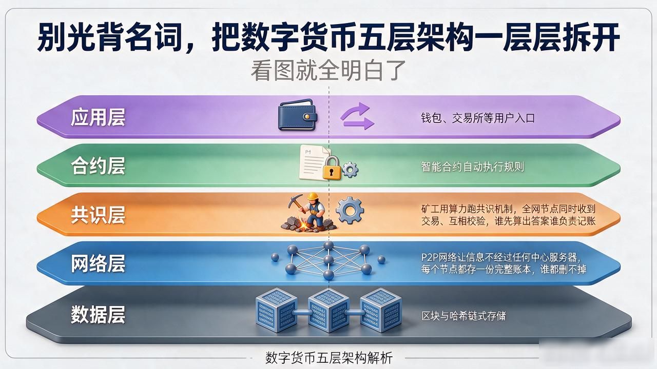 别光背名词，把数字货币五层架构一层层拆开，看图就全明白了